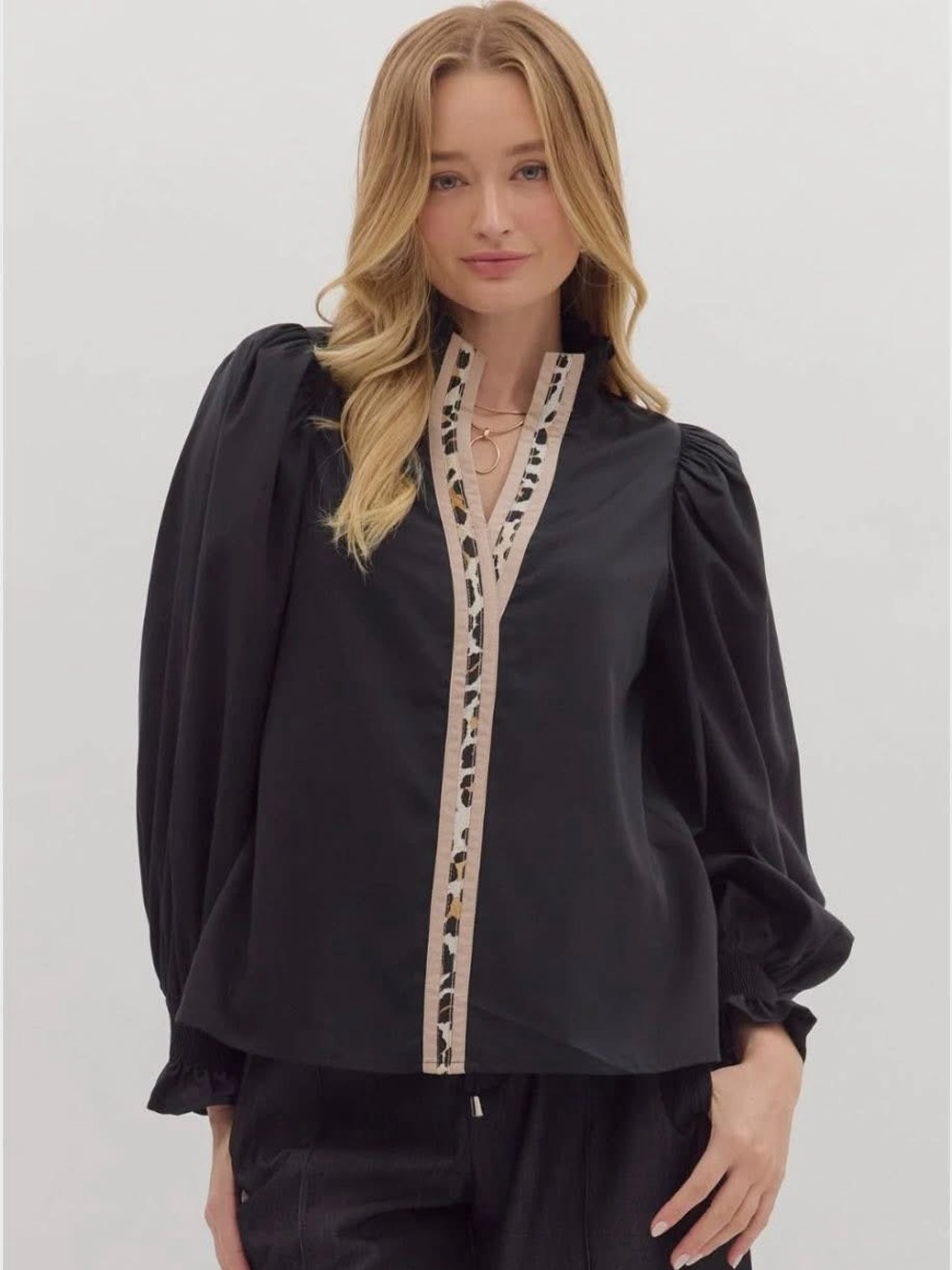 Entro Black Long Puff Smocked Sleeve V Neck Leopard Trim Print Blouse Top 2X